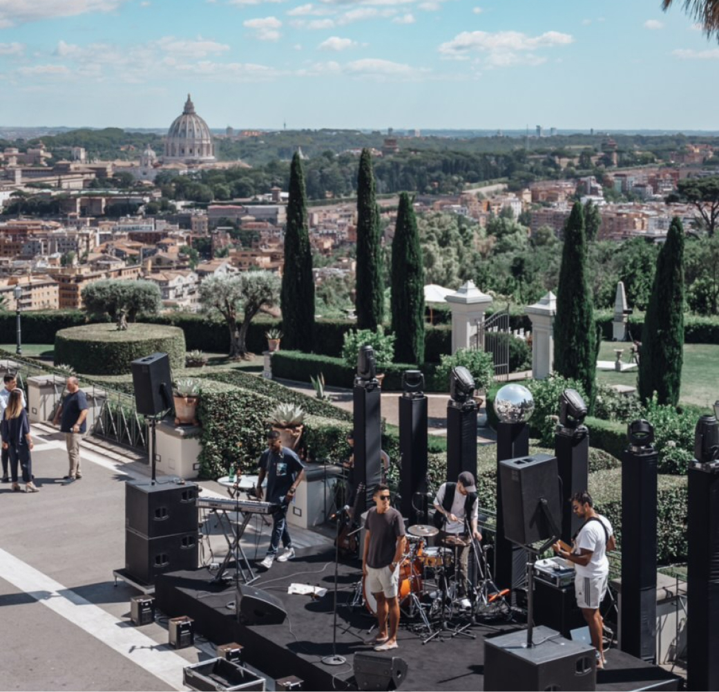 The band ready to perform at the beautiful Villa Miana in Rome